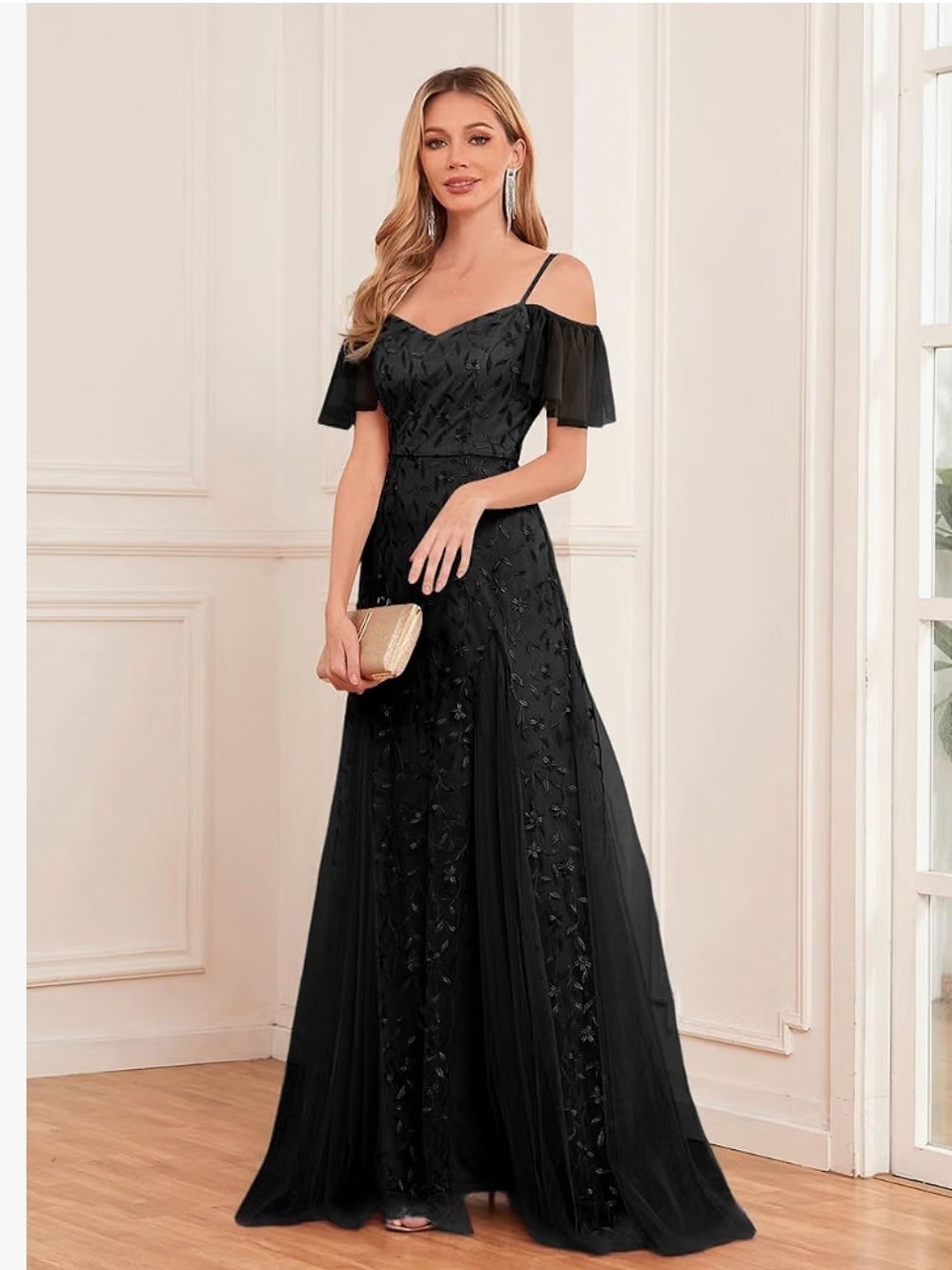 Elegant Black Off-Shoulder Embroidered Maxi Dress